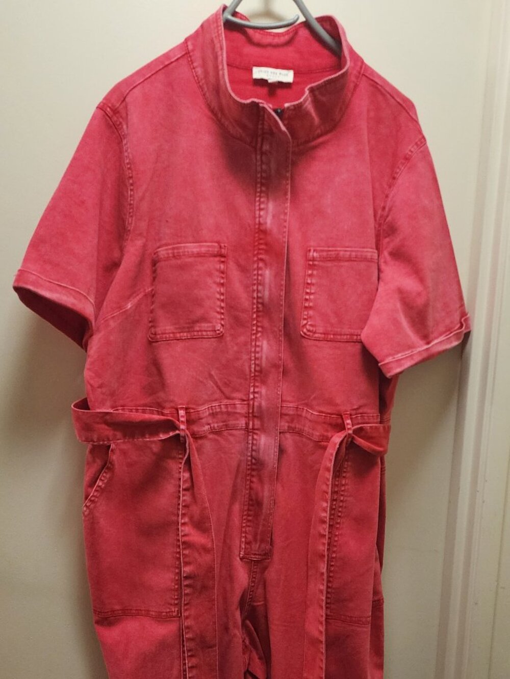 SKIES ARE BLUE CURVY HEAVY RED ACID WASH DENIM JUMPSUIT - 2X